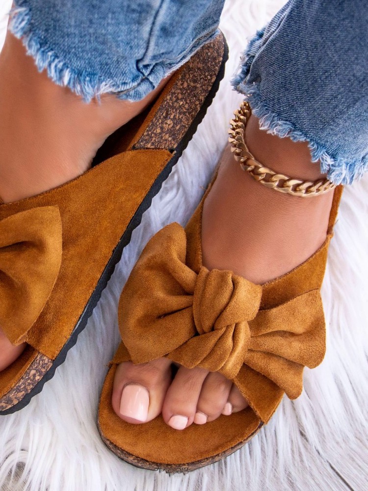 ALBA CAMEL SUEDE BOW SLIPPERS