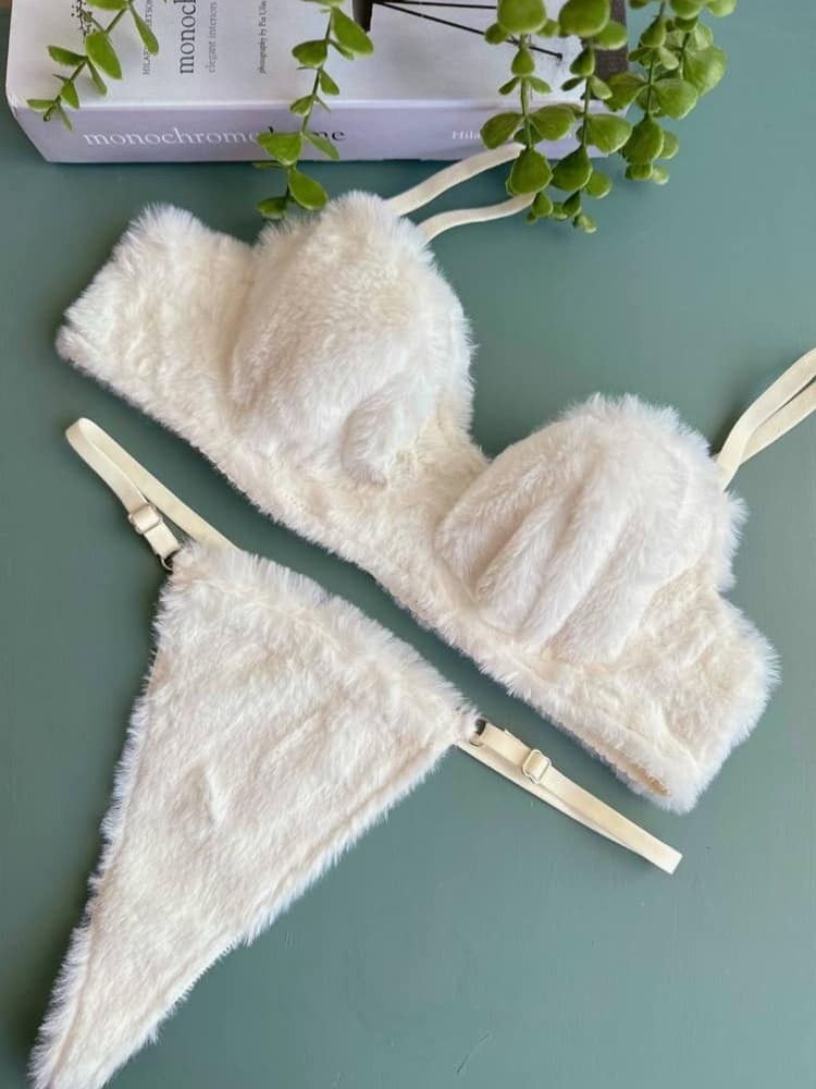 WHITE FUR UNDERWEAR SET -...